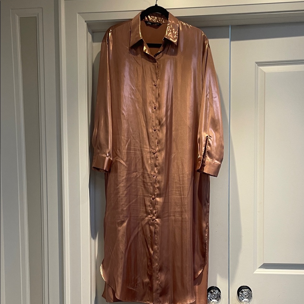 Zara Shiny Copper Button-Up Shirt Dress